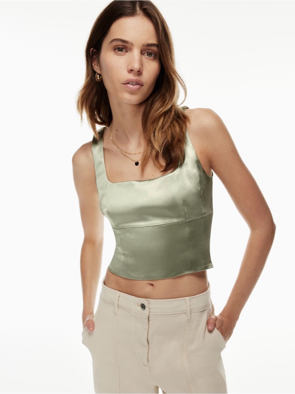 Satin Square-Neck Crop Top in Sage Green